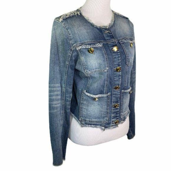 GUESS Denim Gold Buttons Raw Hem Distressed Jacket - Picture 5 of 9